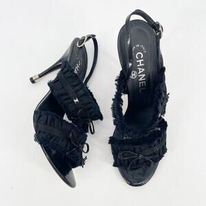 Chanel CC Black Ruffle Bow Slingback Sandal Heels 2012 Karl Lagerfeld EU 37.5